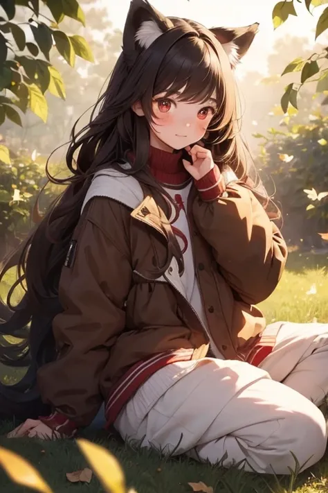 masterpiece，  best quality，  A single young girl cant see the stars，Alone，A faint smile, A faint smile，  falling leaves for vaginal discharge ， down jacket，The sunlight flickers， butterfly  ，Grass animal ears，To the wolfs ear，Long Hair，Tail，wolf Tail，red e...