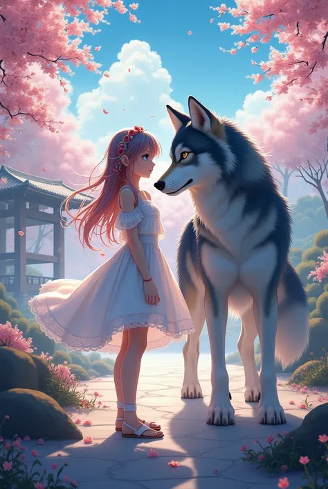 Anime girl with anime wolf with Japanese characters
