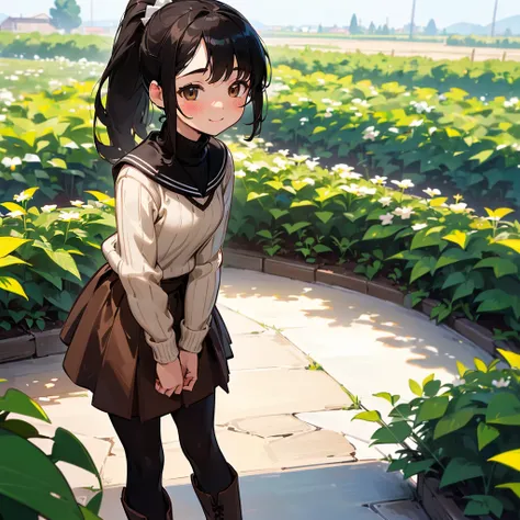 ( High Quality ,  high definition , Very detailed, reality:1.37), Peaceful atmosphere, (Outdoor, garden),  teenage girl standing alone,  Beautiful details,  cute smile with blush, ( BLACK HAIR PONYTAIL ), Ribbed sweater,Brown skirt, Black tights,  brown bo...