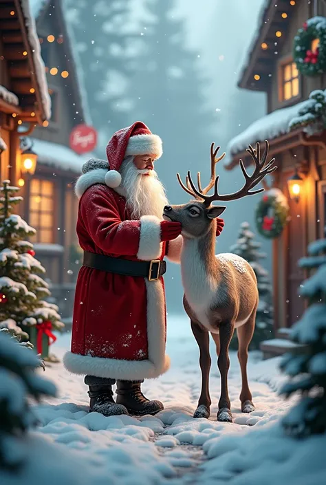 A beautiful Christmas Day with snow falling, in a village with beautiful Christmas decorations, Santa Claus is petting his reindeer, extremely realistic and cinematographic