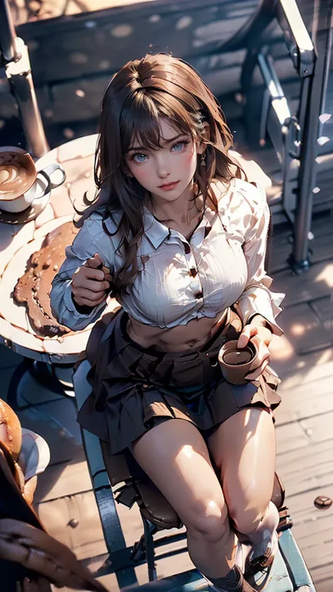 woman, kind。((shy smile:1.5)),  elegant , ( best quality), (masterpiece), ( Very detailed), (4K)((white long sleeve button up blouse_brown pleated mini skirt;1.5))((Super long brown hair reaching to her waist:1.4)), ((((On the open terrace of the cafe, blu...