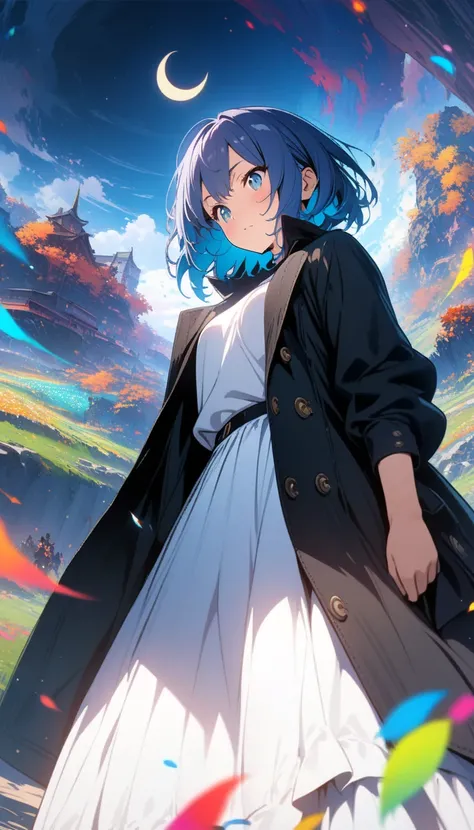 (masterpiece,  best quality,  Official Art:1.2), ( colorful ),  Perfect Anatomy, one girl who is at ease, front view。 short hair。Blue hair color。Late Night。 grassland。 ( crescent:1.3) super precise illustration ,  Exquisitely illustrated down to the smalle...