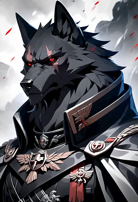 Handsome anthropomorphic black wolf wearing all black german style military outfit with cape, detailed black fur, scar on eye, red eye color, evil, villain, sexy, masculine, arrogant expression, superiority complex, rugged, war general, military general, i...