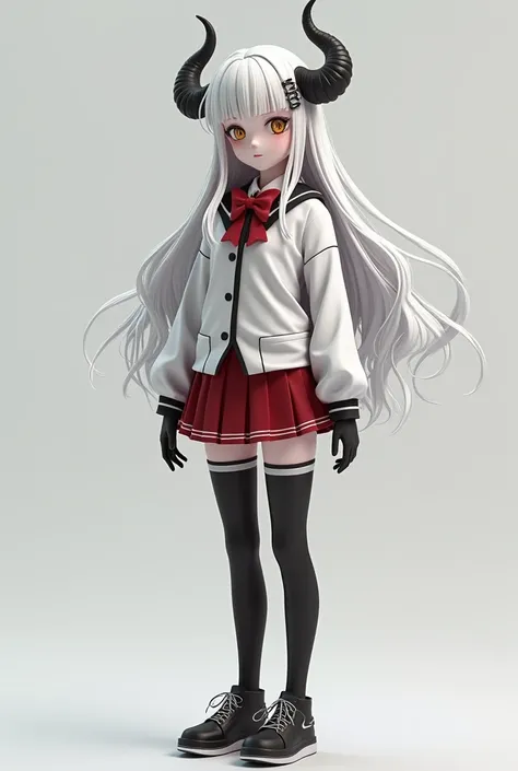 Create a realistic 3D female anime character with white skin and long white hair, undulated with fringes and with long and sharp horns curved backwards with yellow and orange eyes and with eyelashes and eyeshadow and white pupil with a student outfit the w...