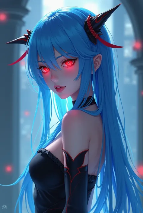 Create anime-style female character with blue hair and red eyes