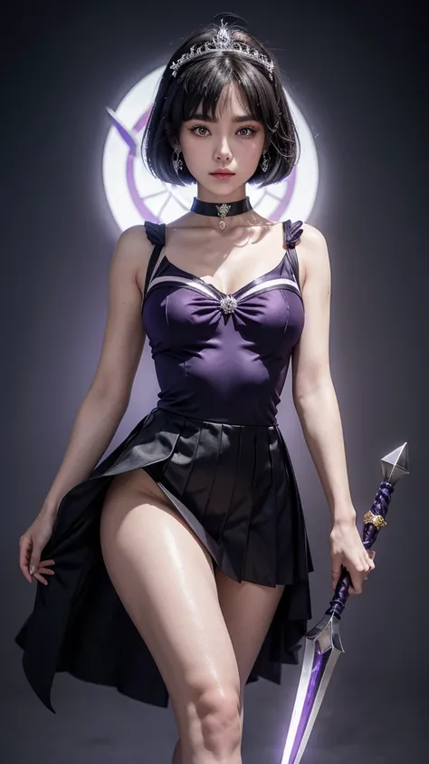 **Prompt**: "Create an image of Sailor Saturn from *Sailor Moon*, showcasing every detail of her appearance with precision. Sailor Saturn has short, dark purple hair cut in a sleek, chin-length bob with slight inward curves at the ends, framing her face ne...