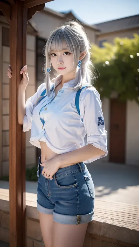 8k, Best Quality , very detailed , Ultra HD, Beautiful wallpapers,Best masterpiece, Tyndell effect, realism, highest rendering ,At University, college girls, (绿色Short 纽扣衬衫，Button up，Short ),  blue jeans, Show belly button , university student, Chained