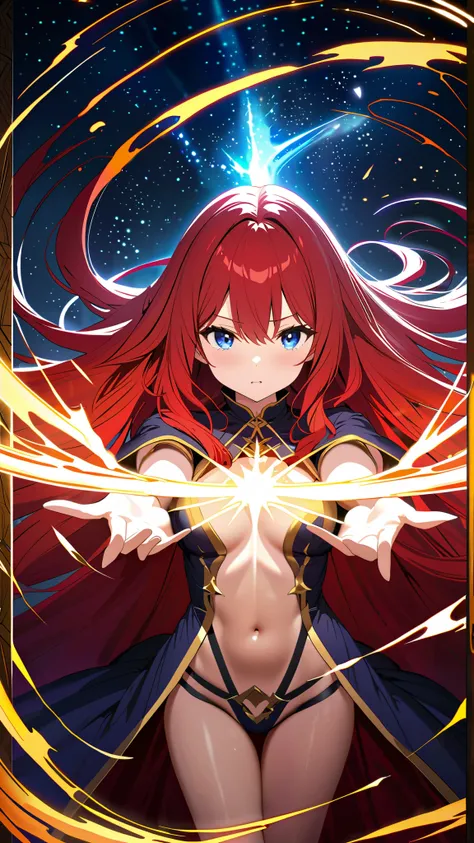 Extremely detailed CG, ultra high resolution, best quality, masterpiece, single woman, bright blue eyes, beautiful detailed eyes: 1.4), red hair, long hair, wizard, revealing outfit, casting a spell