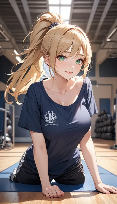 (( best quality)), ((masterpiece)), Anime Style、 perfect face,  1 girl , blonde、 ponytail 、Green Eyes、 Big Breasts 、 wearing a dark blue t-shirt 、( plain shirt ),  COWBOY SHOOTING 、smile、Front、Inside a facility that looks like a large gymnasium、Logo on the...