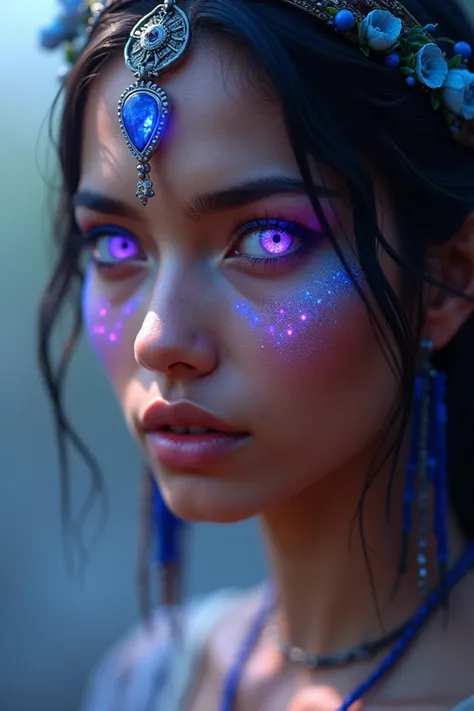 Focus on the face of an indigenous woman. violet eyes. Ethereal look 