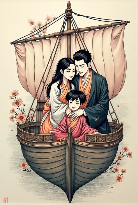 Japanese-style family son wife and husband themed tattoo on a large boat
