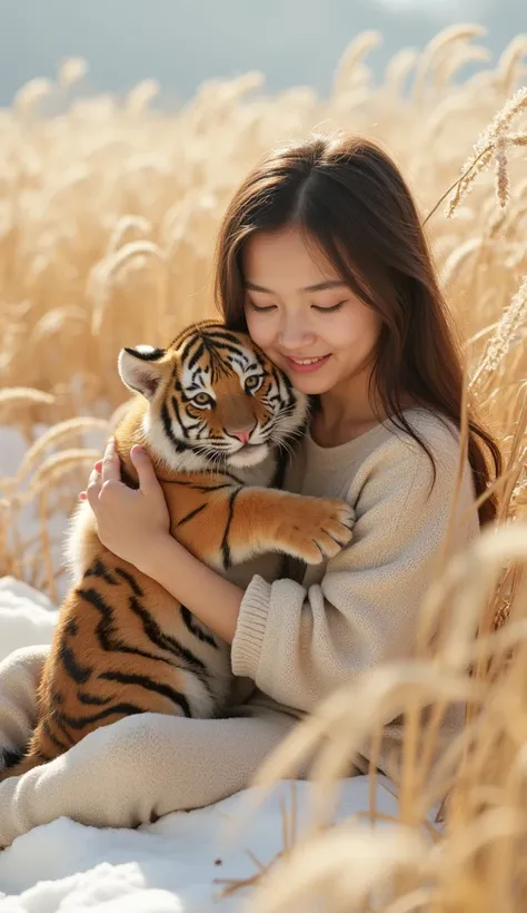 Masterpiece, highly detailed, high resolution, tiger baby with the beautiful asian cute baby hug, 8K, the scene is set in a snow field, detailed beautiful eyes, detailed beautiful face, embracing the tiger as they both sit surrounded by tall, golden grass....