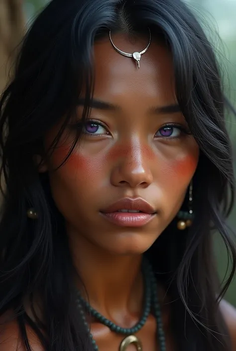 Focus on the face of an indigenous woman. Light brown skin with a reddish undertone. violet eyes. Ethereal look 