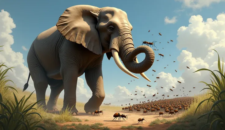 The ants were watching all this from a distance. As soon as the elephant moved forward to crush them under his feet, some ants entered the elephants trunk and started biting them here and there.