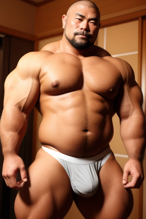 Japanese middle-age male, skinhead, shaved head, short goatee, bulky, muscler man, thick body, wearing thong