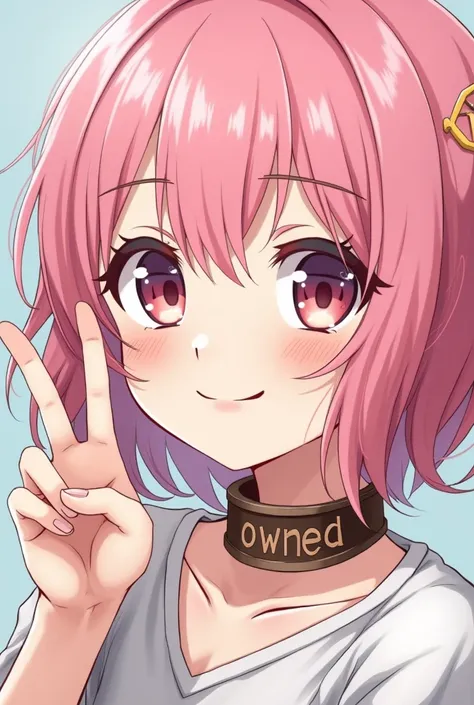 anime pink haired girl with a collar with the word "owned" carved on it. Has an awkward smile while doing a peace sign with one hand