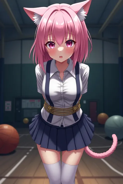 ((  Best quality )), ((masterpiece)), (  in detail),  perfect face, ( full size image  ) , full pink hair  ,  cat girl in school uniform ,  pink eyes  , micro skirt ,  dark gym school equipment  , embarrassed , white stockings ,  hands tied with ropes behi...