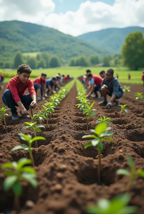 please generate realistic action of planting thousands of tree saplings with many volunteers who dig holes 