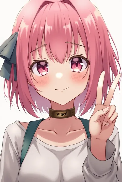 anime pink haired girl with a collar with the word "owned" carved on it. Has a shaky smile while doing a peace sign with one hand