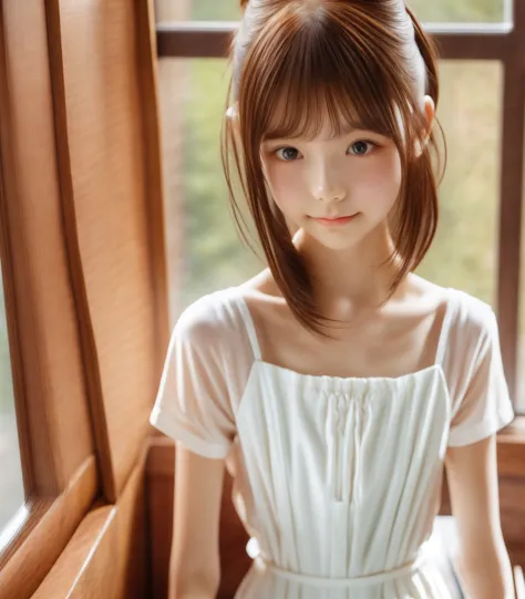 maid, chignon hair,brown hair,slender body,cute pretty girl