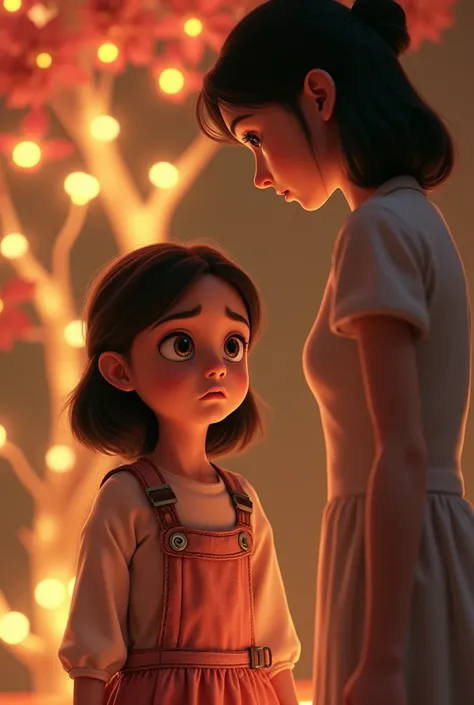 It creates a very realistic image in 4K, well defined, of a six-year-old girl next to her mother, the mother observes the girl while she shows on her face the angry expression of a strong character, a very beautiful girl, her mother, also an image with an ...