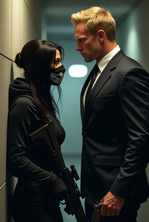 a woman dressed in black,  black hair, She wears a balaclava skull bandana on her face,  she is holding a rifle , she is on the side, Leaning against her back also on her side is a blond man, high strong,  wearing a suit with a Glock in his hand .