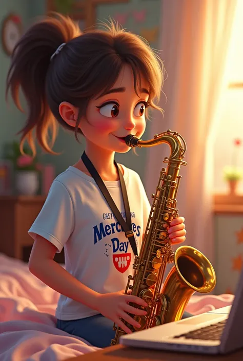 Create an image of a girl playing the saxophone that says Happy Musicians Day to Lauris in a letter. And let the shirt say Mercedes marching band