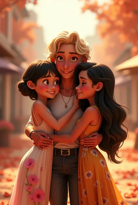  Disney Pixar-style images of three friends embracing : the first with short dark hair ,  white-skinned with short stature and romantic style.  The second with blond hair , long, Tall stature, white-brown skin , With a flowery dress. A terceira Tall statur...