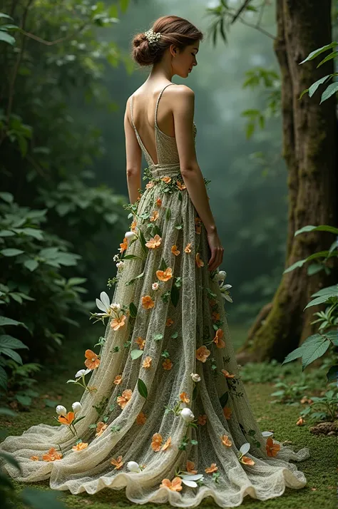  I want a dress made of artificial leaves, dried flowers and fake mosses ,  long and elegant  