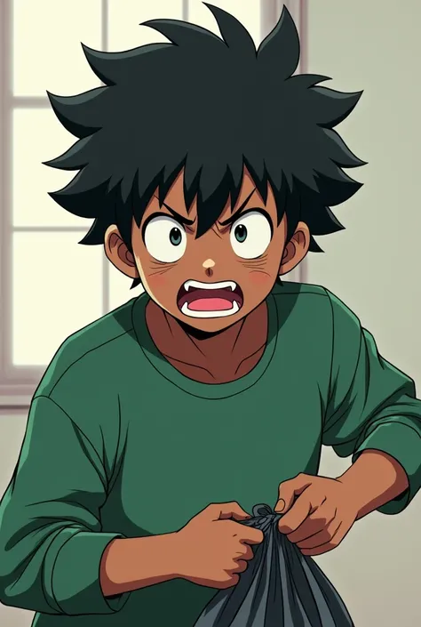 Image of a 20-year-old anime boy with very short hair and black skin wearing a green shirt pulling out a garbage bag with a disgusted face 