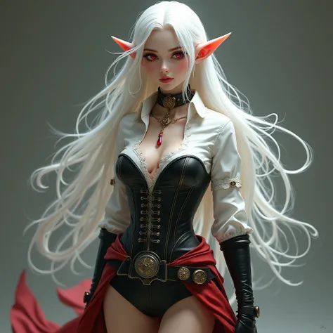 A woman, deep red eyes and long white hair, elf ears with a white shirt and a black steampunk corset black shorts and red back skirt with black thighs boots