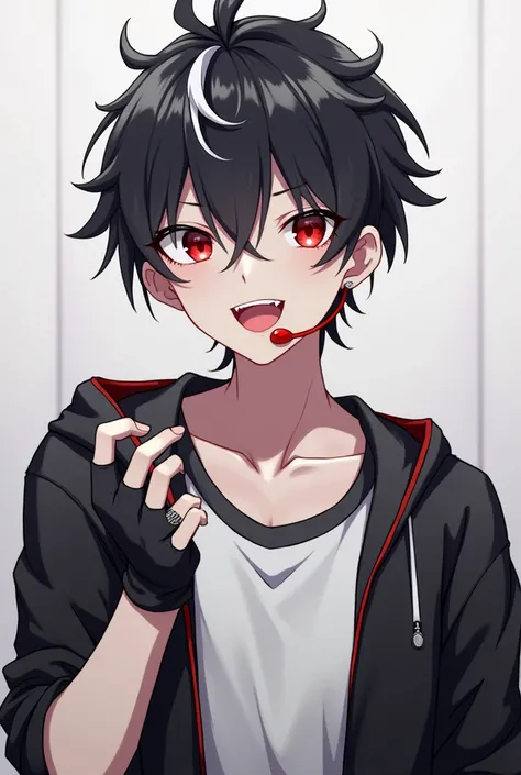  anime boy with black hair and white lock,  red eyes , pointed canine tooth ,  white shirt and black sweatshirt ,  black fingerless gloves , Red earpiece around the neck ,  smiling with open mouth 