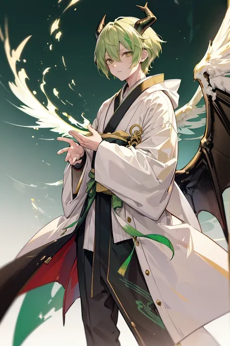 full body,kimono,ucumber horn,two-tone white&green coatcolor,simple background,1boy,devil,wings,two-tone hair,heterohromia,bishounen,golden eyes, medium short hair,hair over eyes,green hair color,sougu,