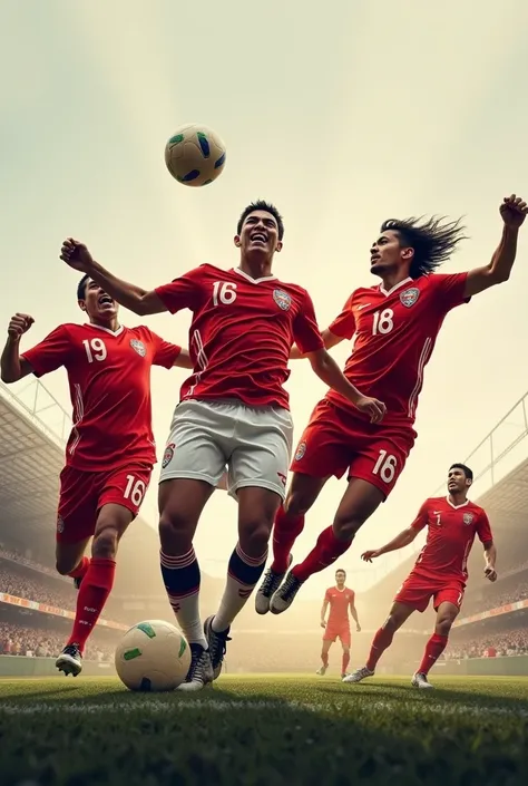 football poster  (( photo of the Indonesian national team ))  in the action of kicking the ball ((kick in the air )))