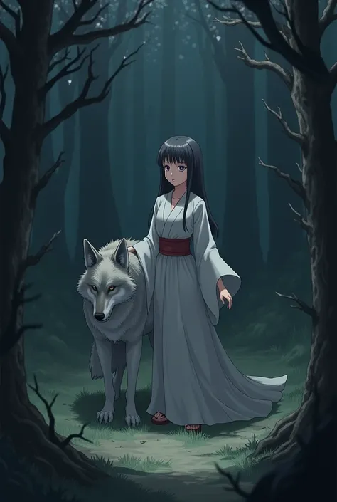 Anime woman with gray anime wolf in dark forest after a fight

