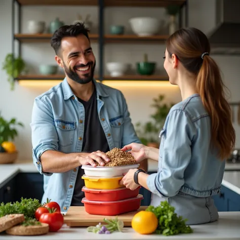 A modern, well-lit kitchen with stacks of colorful meal prep containers neatly organized on a countertop. In the foreground, a smiling entrepreneur hands a meal box to a customer, with cash being exchanged. The background includes fresh ingredients like ve...