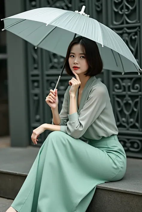 a chinese woman posing under an open umbrella. She is elegantly dressed, with a light grey blouse paired with a long, light green skirt that elevates the color palette of the piece. The womans hairstyle appears to be a controlled bob, which complements her...