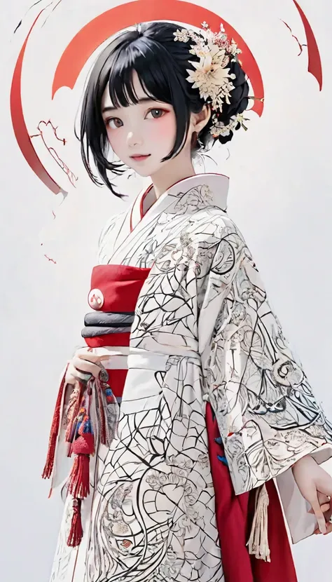 (((White background、White world)))、unity 8k wallpaper、Ultra-detailed、Beautiful and aesthetic、masterpiece、highest quality、(Zentangle、Mandala、Tangle、Tangle)、(Fractal Art:1.3)、One Girl、Beautiful black hair、Japanese、Big pink、red kimono、Japanese clothing、Very d...