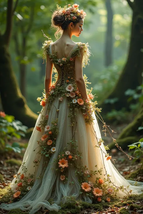  A dress made of fake leaves, dried flowers and faux moss ,  long and elegant  