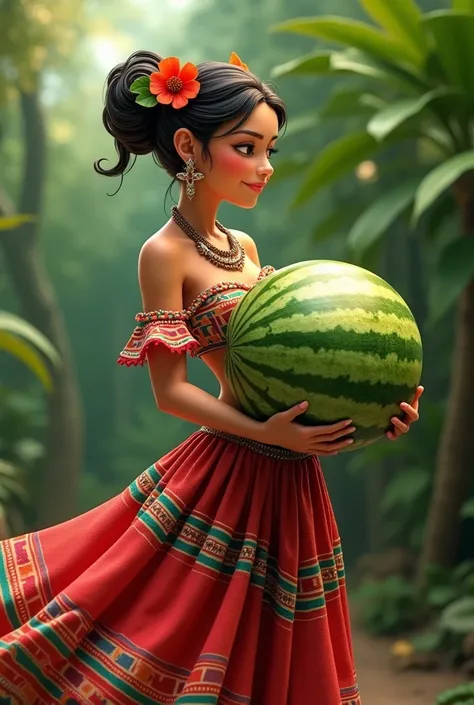 a woman dressed in a Panamanian skirt with a watermelon