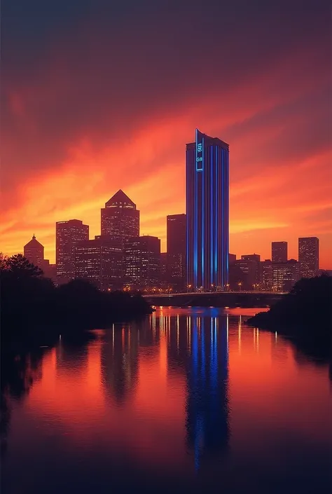 Movie poster in 1400x2100 vertical format featuring Detroit skyline at dramatic sunset. Background shows Renaissance Center silhouetted against intense orange-to-purple gradient sky, with GM building prominently featured with blue accent lighting. River re...