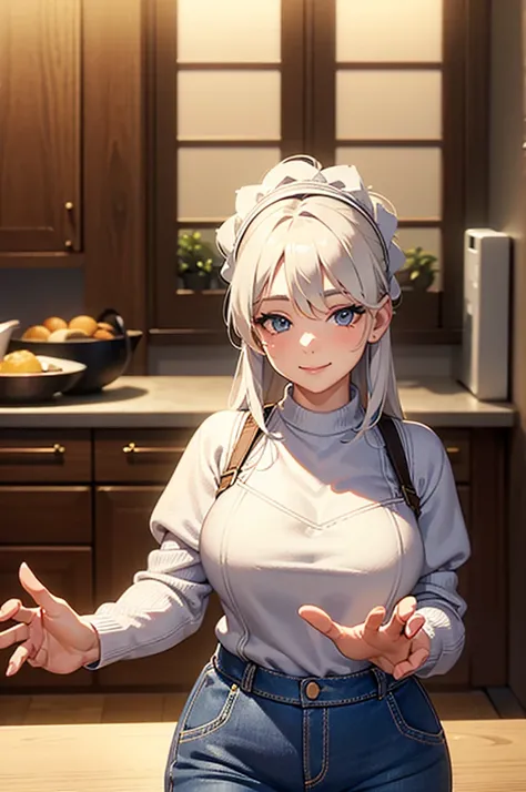 a smiling woman with white hair wearing an apron, reaching out to give a hug, wearing a knit sweater and jeans, in a kitchen setting, (best quality,4k,8k,highres,masterpiece:1.2),ultra-detailed,(realistic,photorealistic,photo-realistic:1.37),mother,motherl...