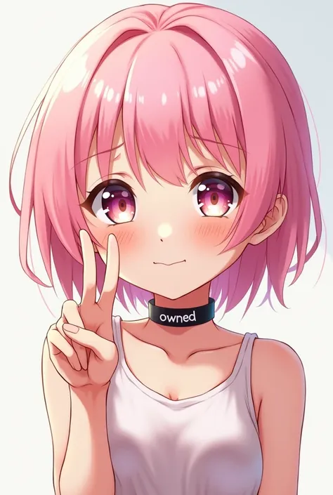 anime pink haired girl with a collar with the word "owned" carved on it. Has a worried smile while doing a peace sign with one hand and a worried expression.