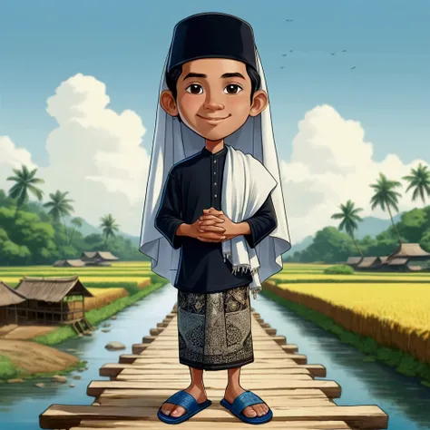 Caricature, Javanese male, 19 years old, round and clean face, neat hair, wearing a black short-sleeved t-shirt, short black sarong, blue sandals, long white shawl up to the shoulders worn right on the head, worn like a headscarf, looks open above the head...