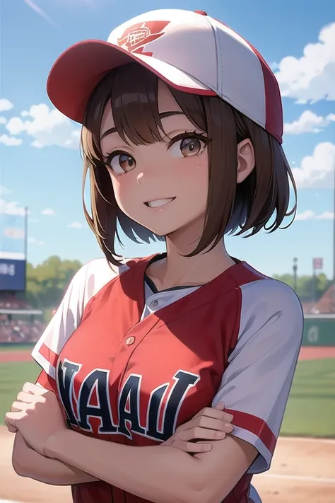  best quality、masterpiece、  high definition  、Fine wrinkles、beautiful、  1 girl、 brown hair、  bob hair、smile、 Softball、red and white uniform、 and wear a baseball cap、Ground、During the match、sunny、