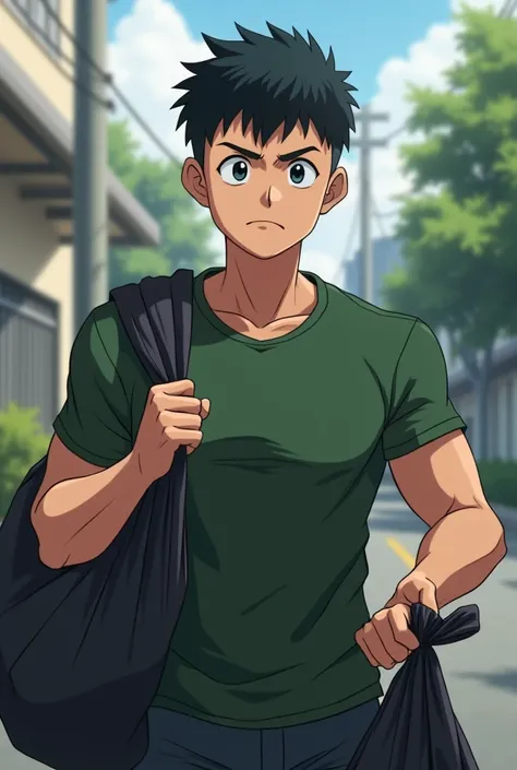 Image of a 20-year-old anime boy with an adult body with very short military-style hair and a black skin wearing a green shirt taking out a black garbage bag with an annoying face 