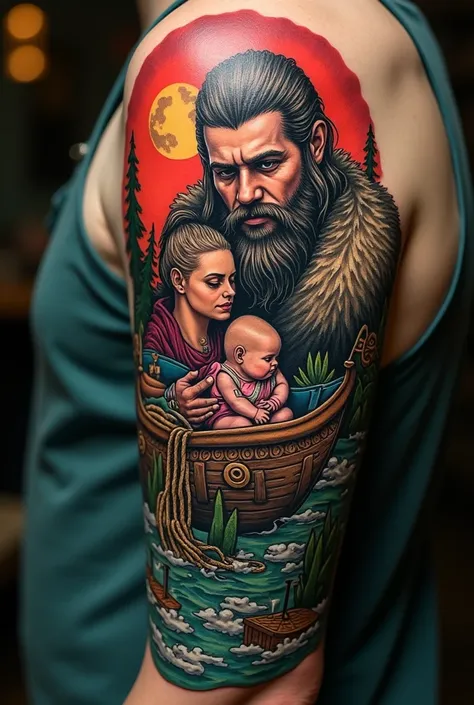 Red green blue and black tattoo with a baby, Viking mother and father on a large ship surrounded by nature