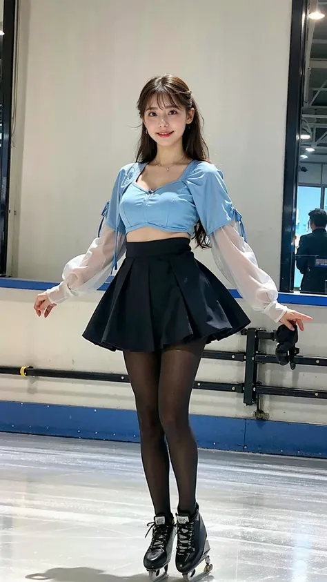 (8k、   Put your hands on the   、  best quality、masterpiece:1.2)、(Realistic、Realistic)、1 person、((Sheer、Black and light blue、  skating rink、 figure skating costume with Y balance、Bra、 standing、 Big Breasts 、 Thin legs、tights、whole body )、cute