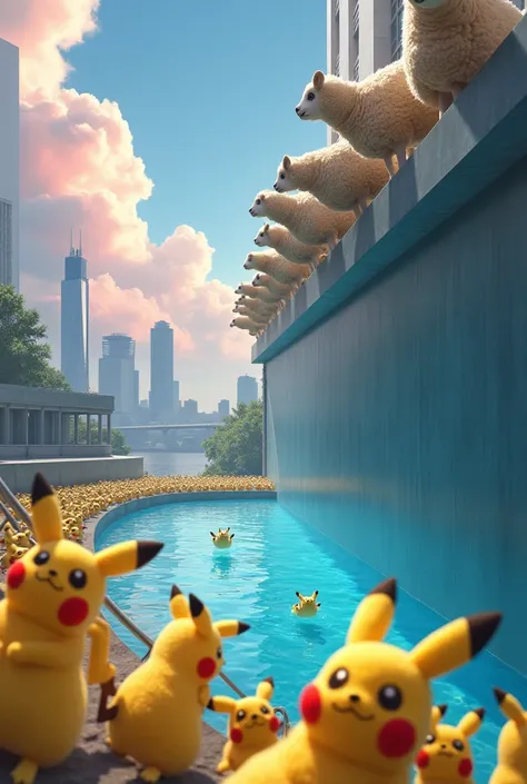 Sheep diving from a building into a Pikachu pool