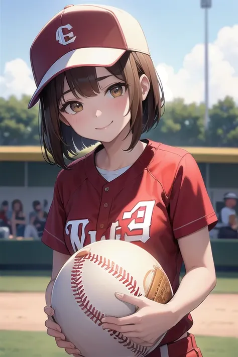  best quality、masterpiece、  high definition  、Fine wrinkles、beautiful、  1 girl、 brown hair、  bob hair、smile、 Softball、red and white uniform、 and wear a baseball cap、Ground、Softballの練習中、sunny、